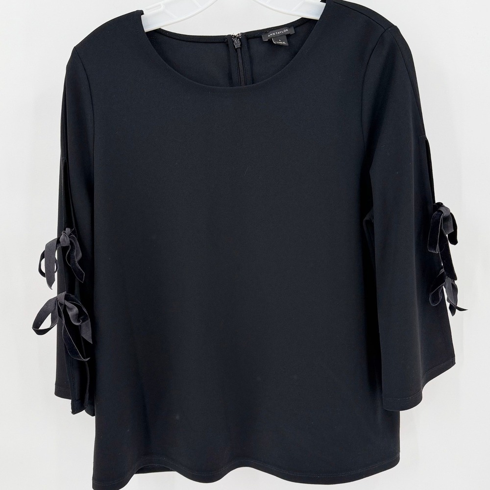 ANN TAYLOR Black Bell Sleeve Blouse with Velvet Bow Details Large Round Neck Top
